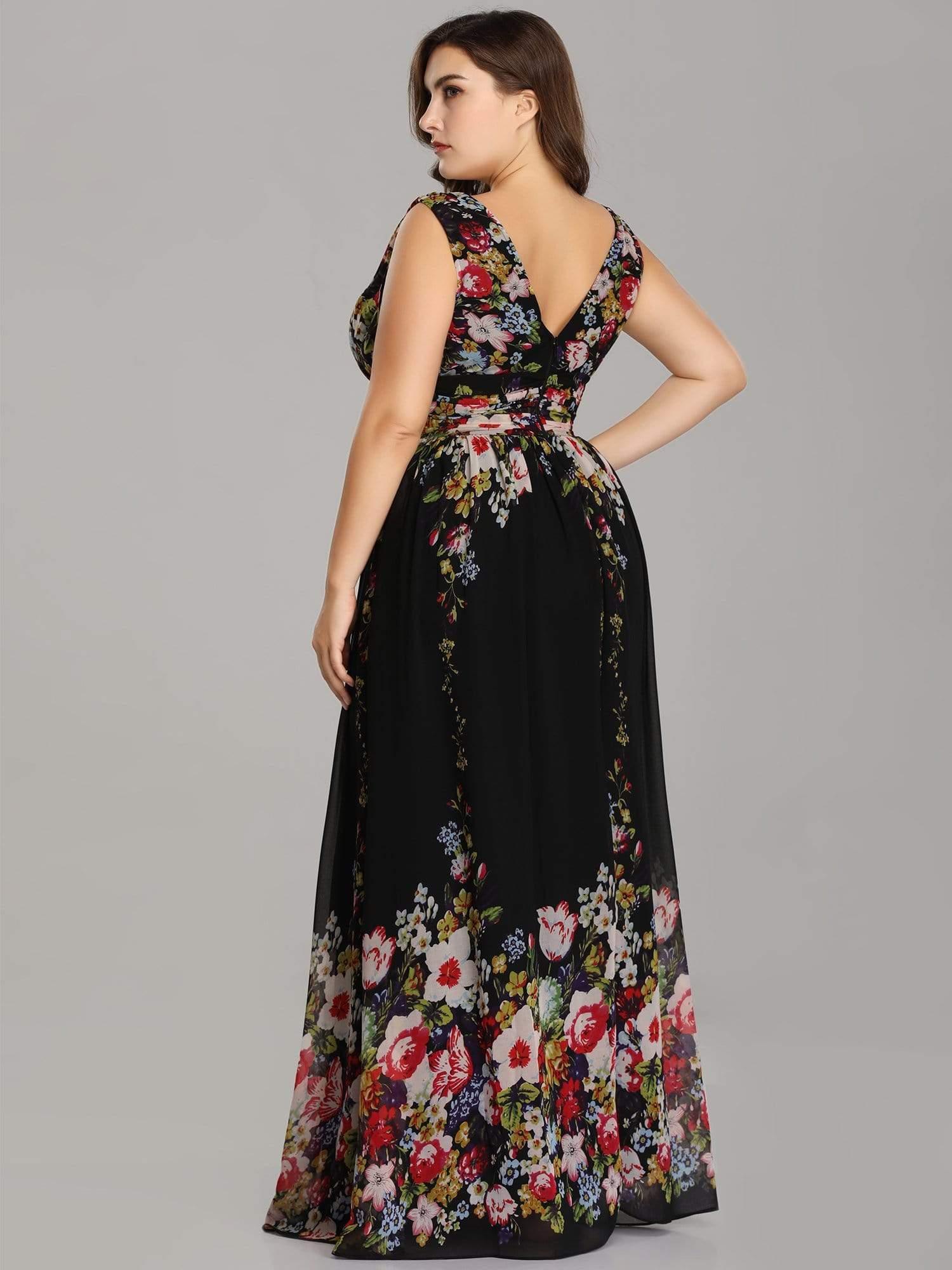 Robe de demoiselle d'honneur en mousseline de soie à col en V grande taille #Couleur_Noir Imprime