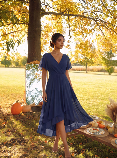 ever LARK|Robe invitée mariage plissée en mousseline avec manches volantées