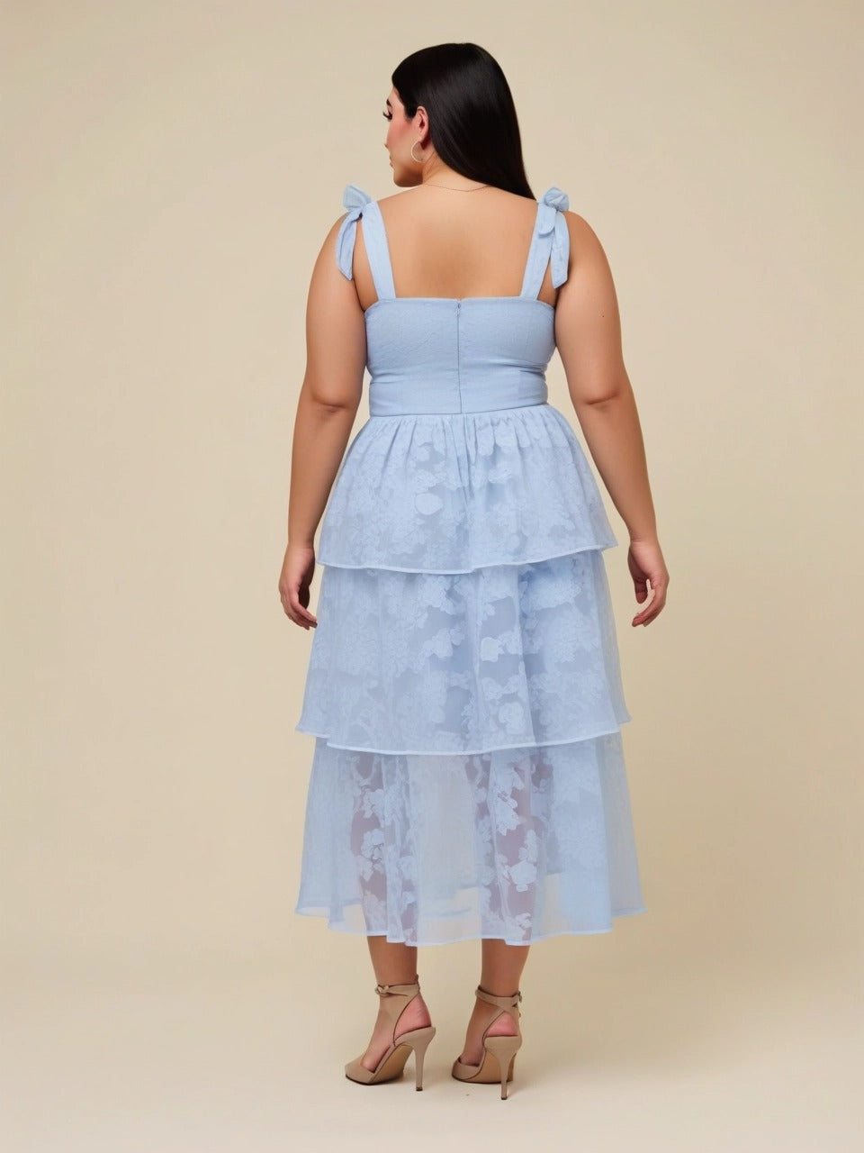 Robe de mariée mi-longue à volants et bustier à bretelles nouées et à fleurs #Couleur_Bleu Glace