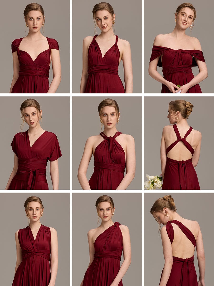 Robe d'invité de mariage trapèze en mousseline fluide à encolure ronde et longueur au genou #Couleur_Bordeaux