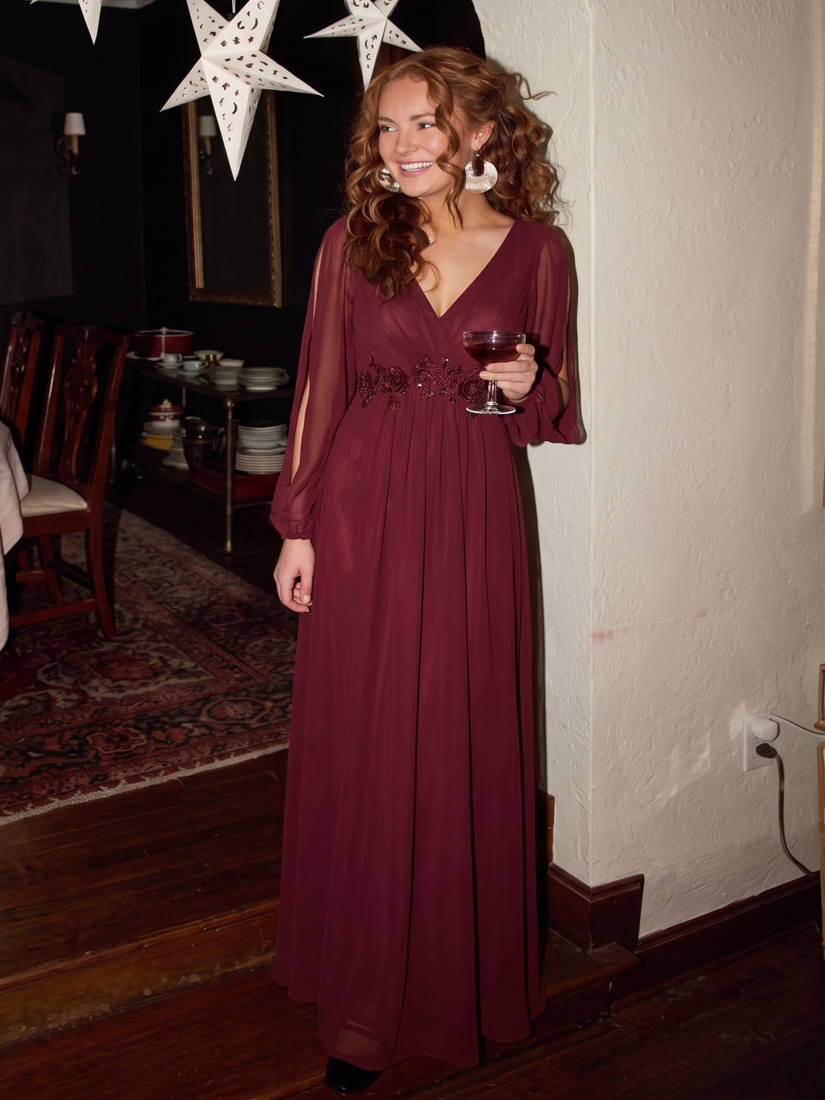 Robe de Soiree Longue Elegante Avec Lanterne en V Profond a Manches Fendues et Appliques #Couleur_Bordeaux