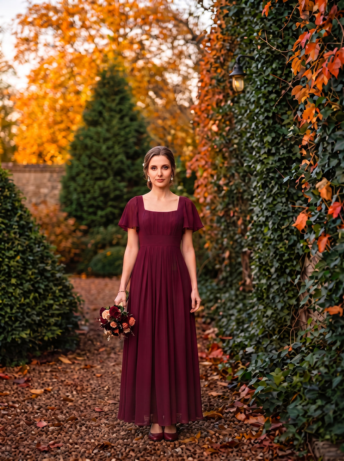 robe longue à manches courtes avec volants dos nu et fronces en forme de A #Couleur_Bordeaux