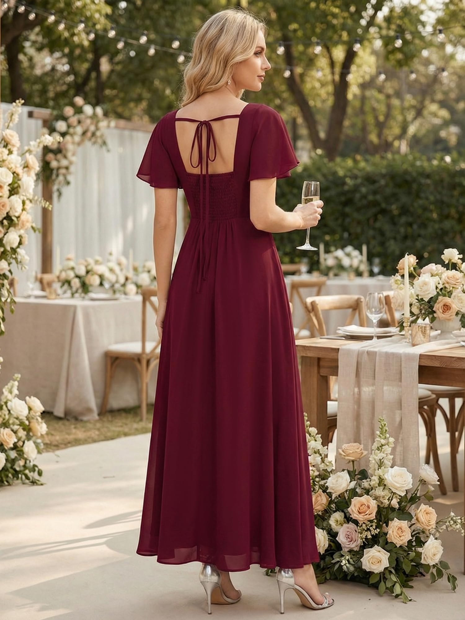 robe longue à manches courtes avec volants dos nu et fronces en forme de A #Couleur_Bordeaux
