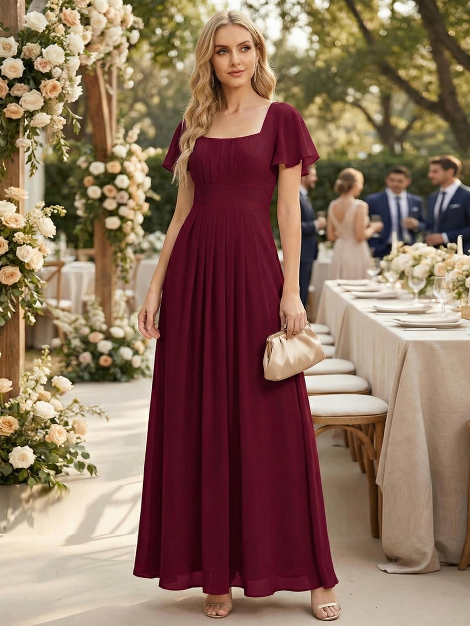 robe longue à manches courtes avec volants dos nu et fronces en forme de A #Couleur_Bordeaux
