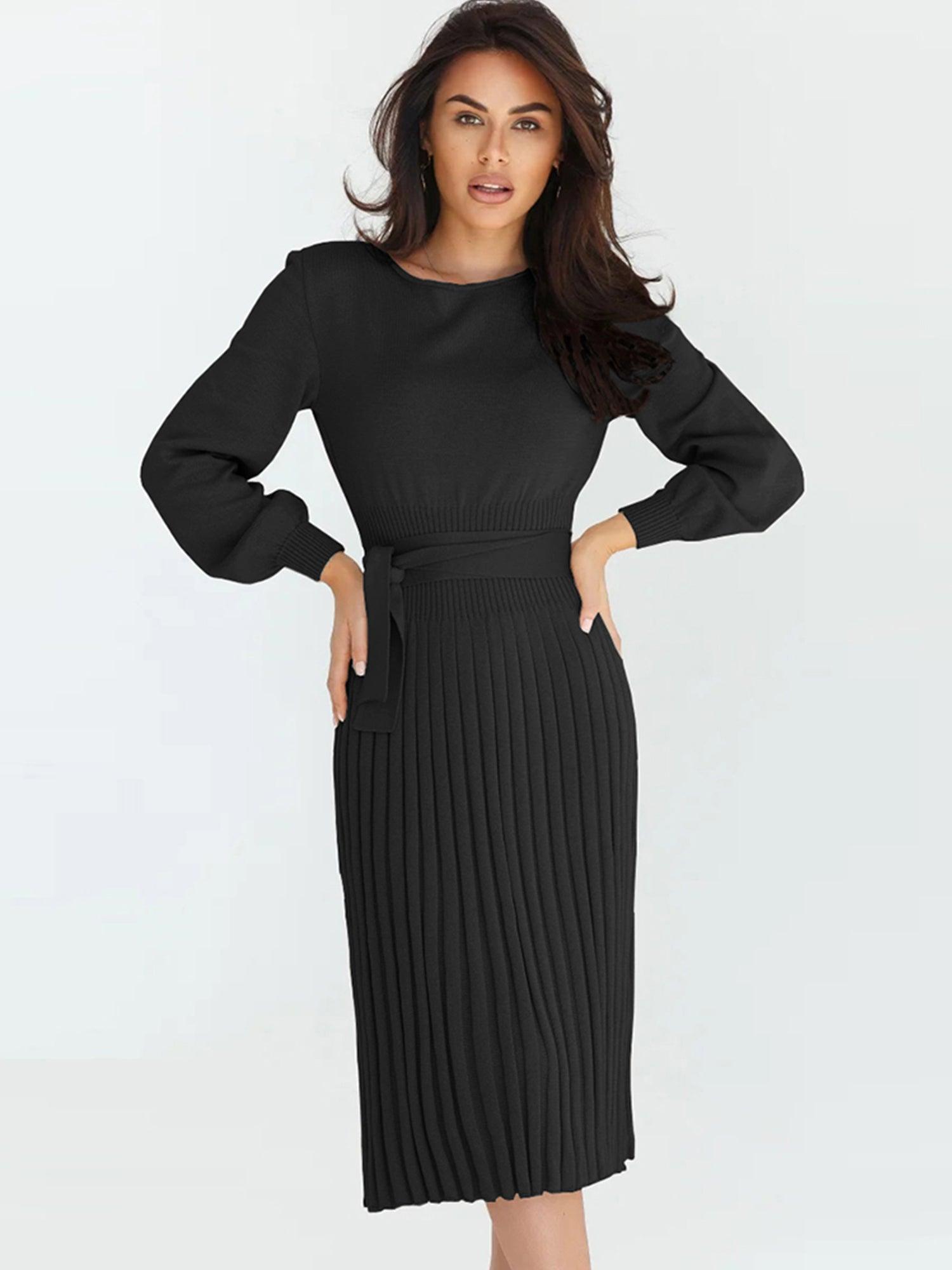 Robe Pull Femme d'hiver Élégante Col Rond Ceinture Manches Longues Casual Chic #Couleur_Noir