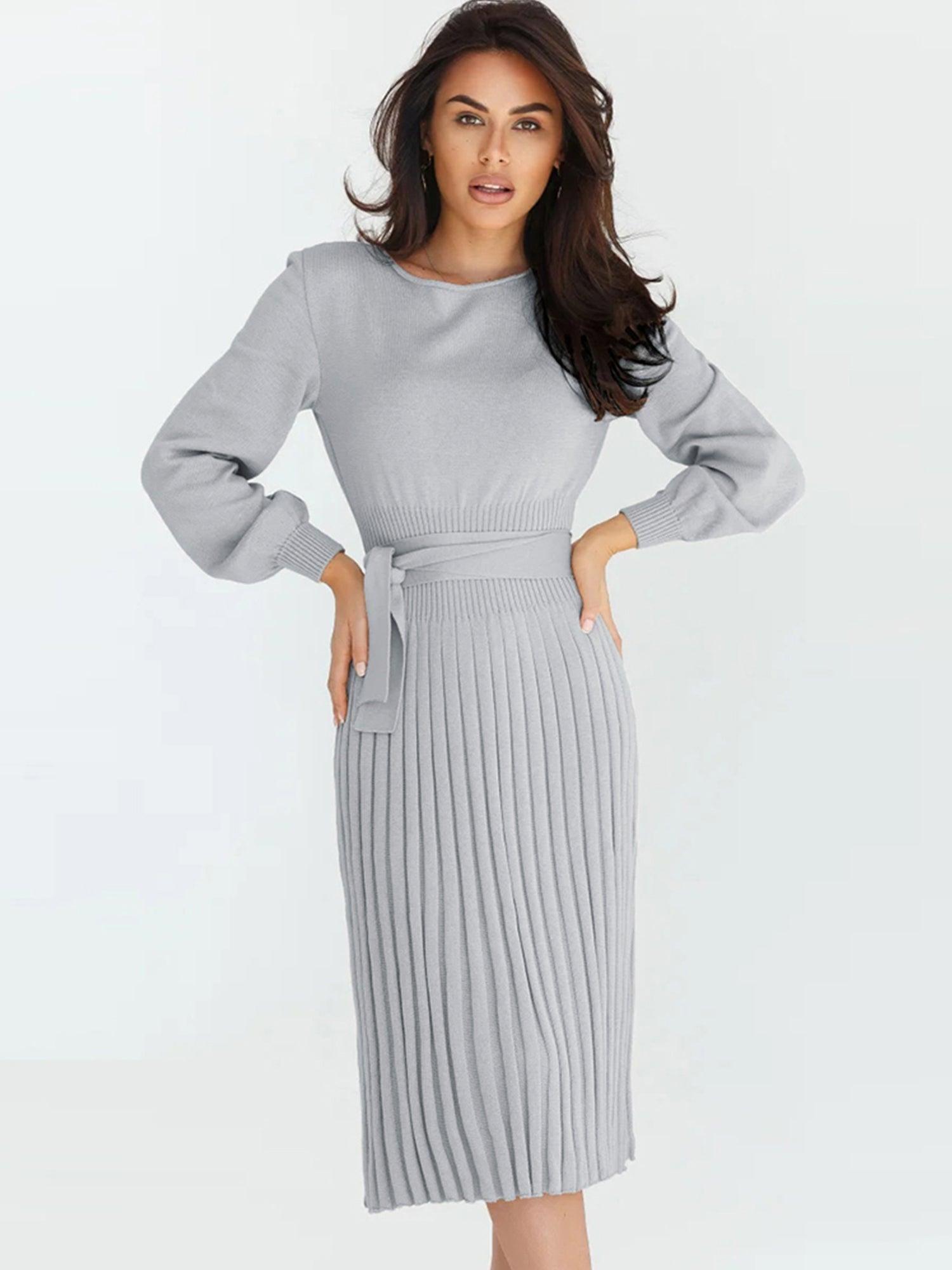 Robe Pull Femme d'hiver Élégante Col Rond Ceinture Manches Longues Casual Chic #Couleur_Gris
