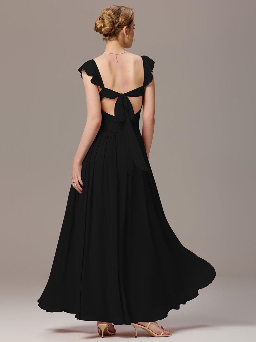 Robe de demoiselle d'honneur trapèze à bretelles croisées et dos nu #Couleur_Noir