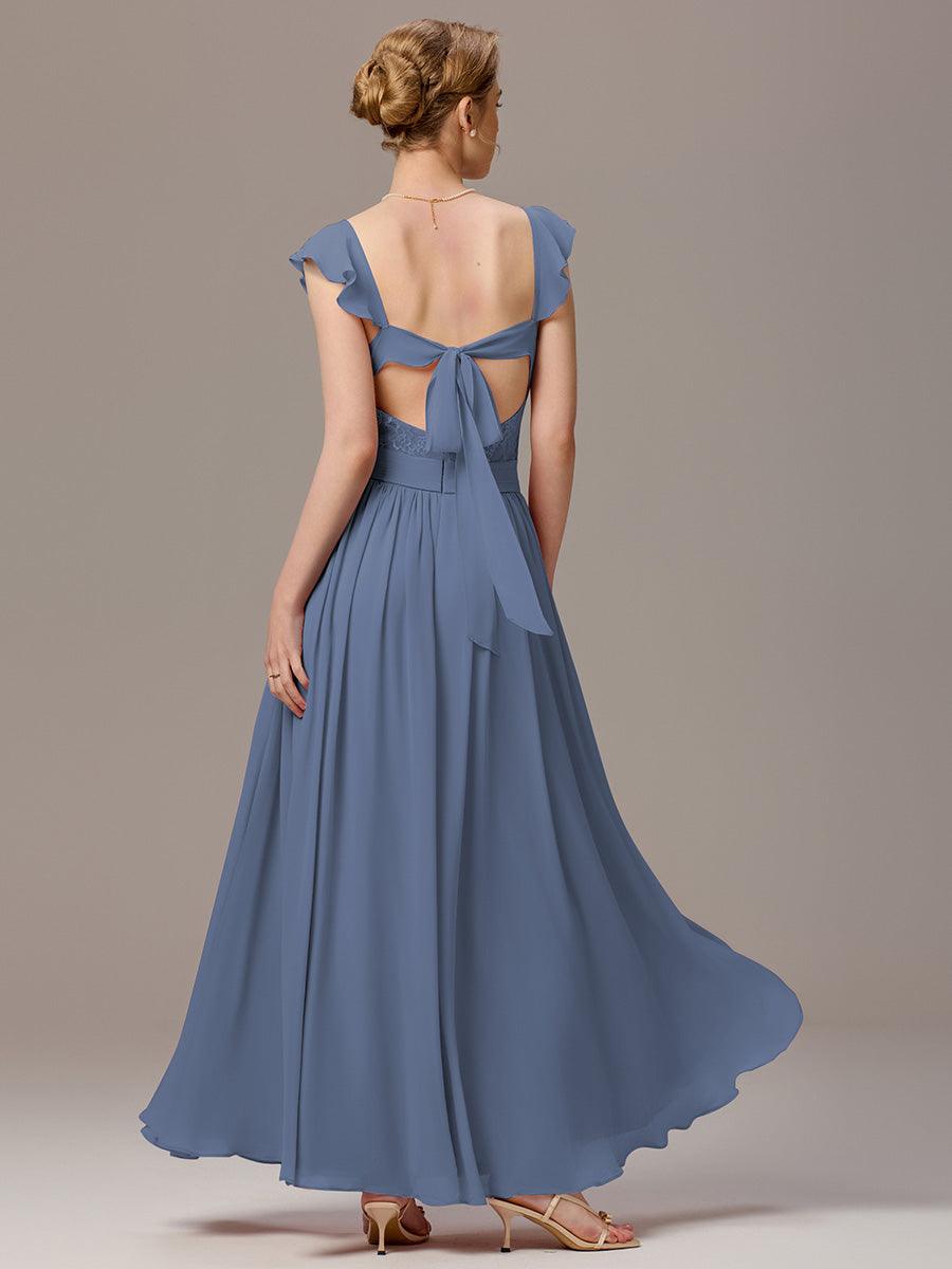 Robe de demoiselle d'honneur trapèze à bretelles croisées et dos nu #Couleur_Marine Fume
