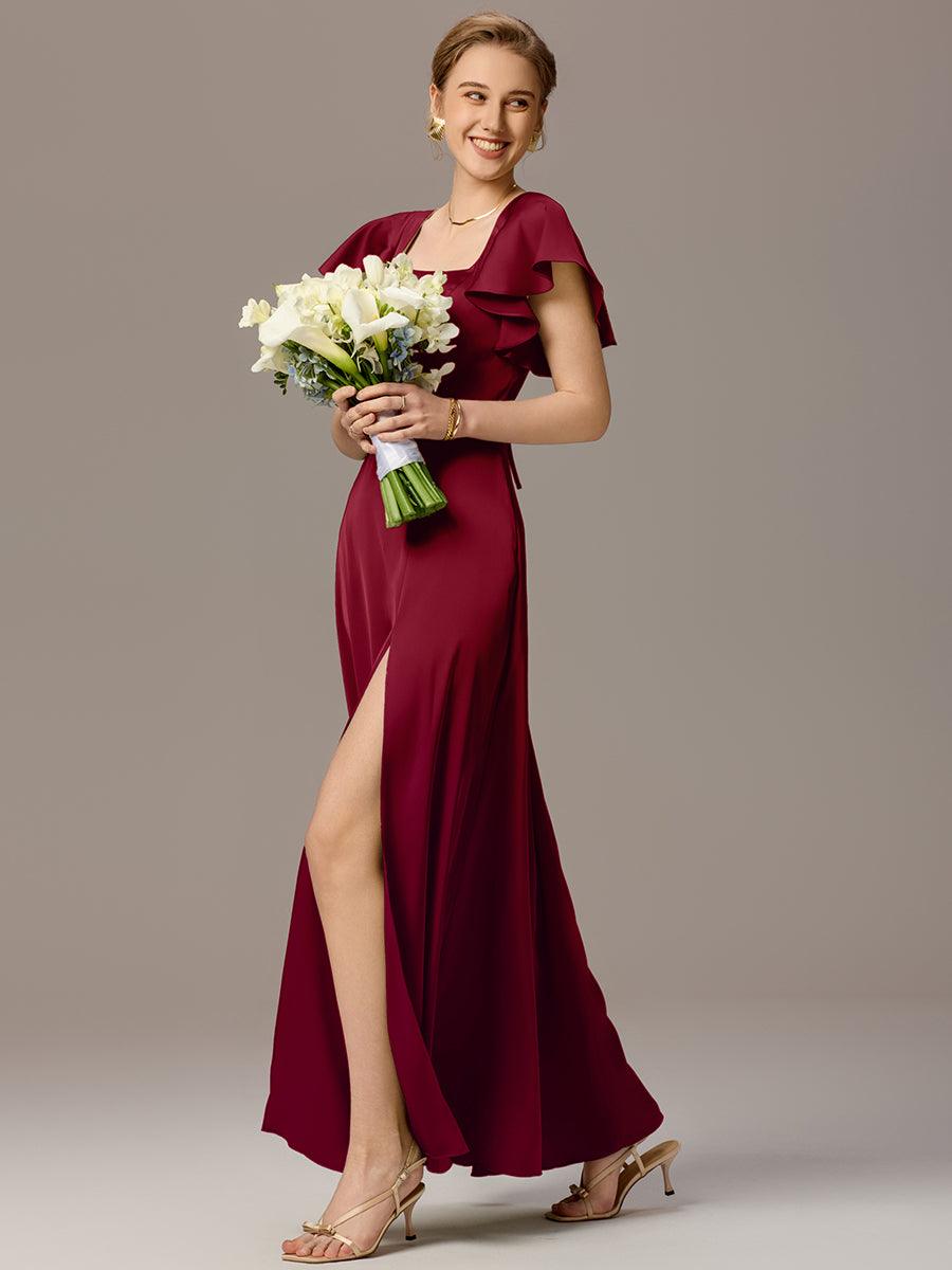 Robe de demoiselle d'honneur en satin à manches volantées et fentes sur le devant #Couleur_Bordeaux