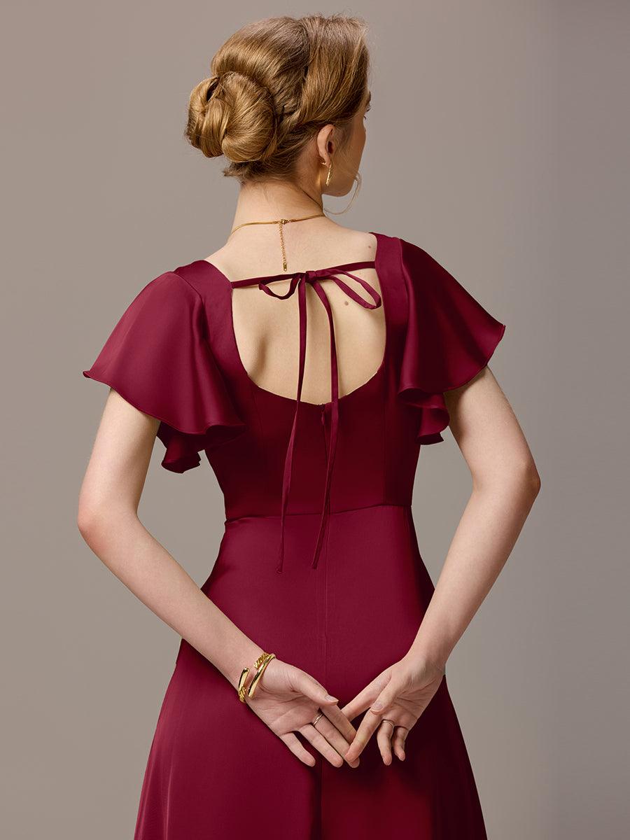 Robe de demoiselle d'honneur en satin à manches volantées et fentes sur le devant #Couleur_Bordeaux