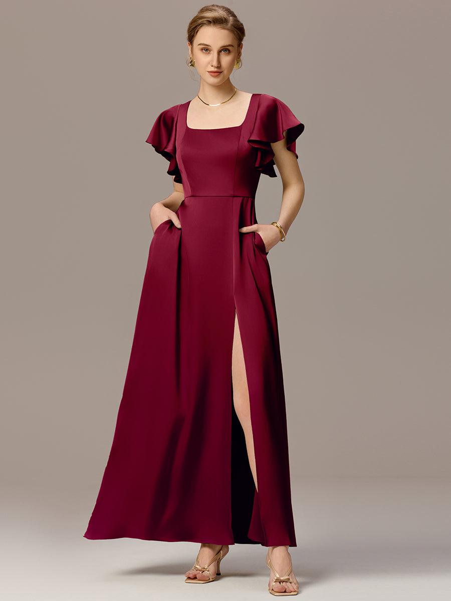 Robe de demoiselle d'honneur en satin à manches volantées et fentes sur le devant #Couleur_Bordeaux