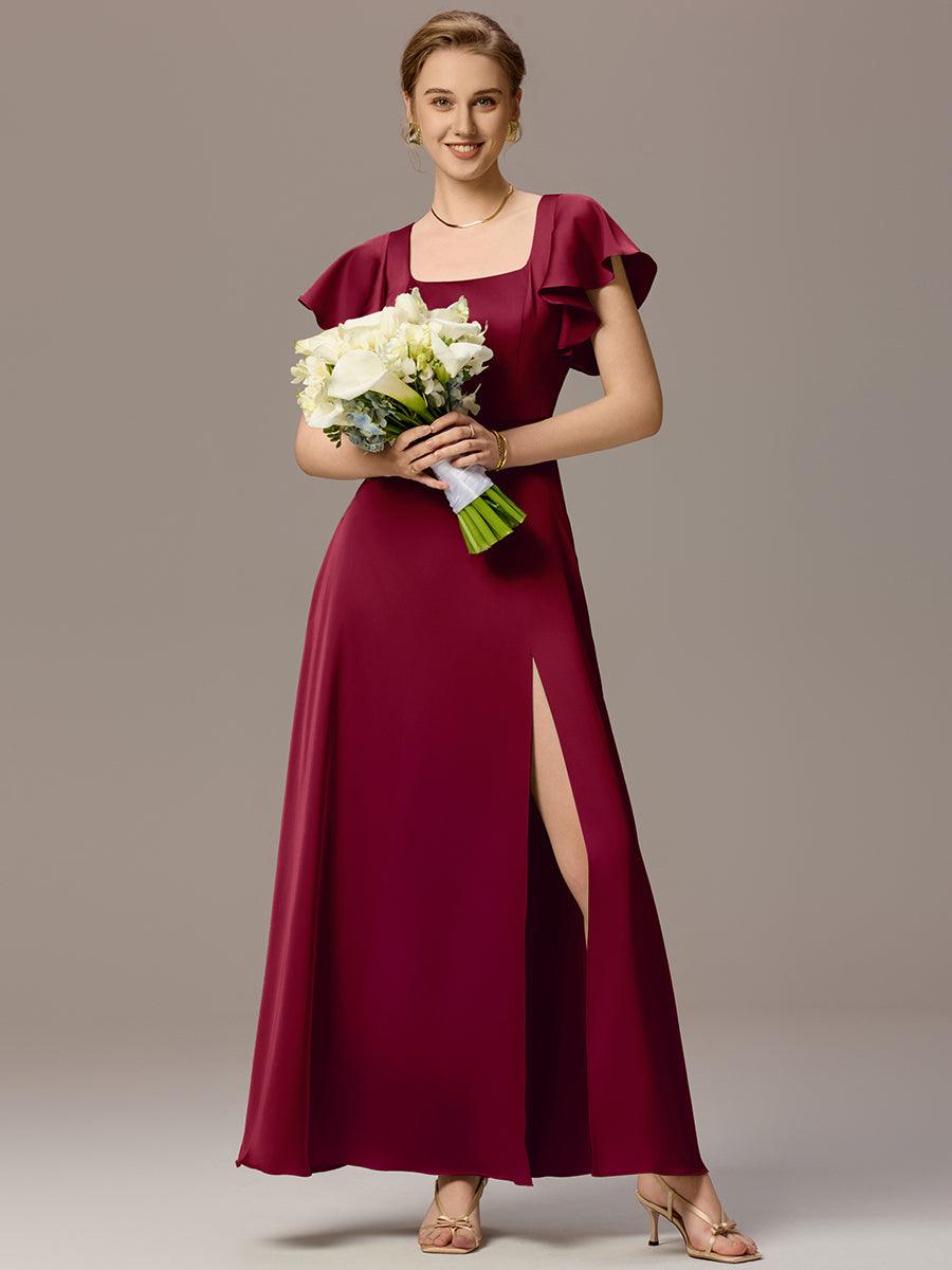Robe de demoiselle d'honneur en satin à manches volantées et fentes sur le devant #Couleur_Bordeaux