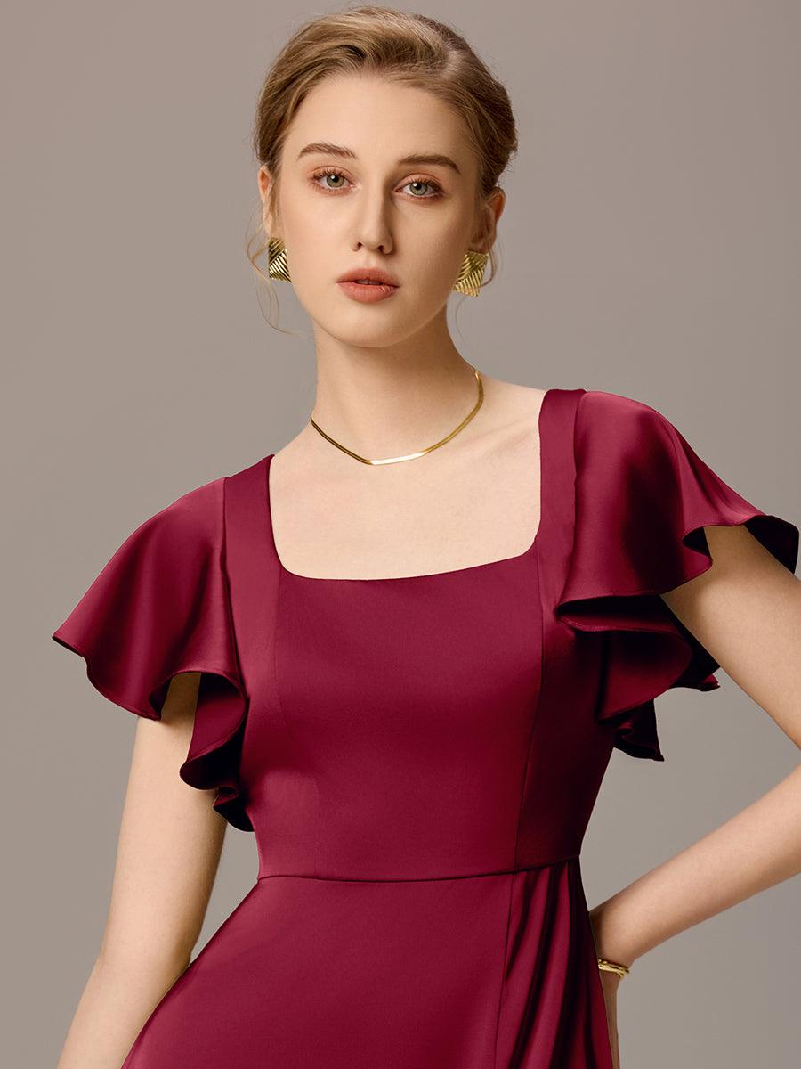 Robe de demoiselle d'honneur en satin à manches volantées et fentes sur le devant #Couleur_Bordeaux