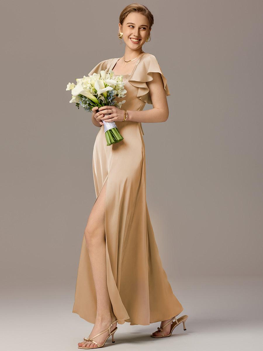 Robe de demoiselle d'honneur en satin à manches volantées et fentes sur le devant #Couleur_Charbon