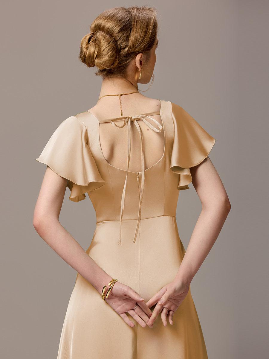 Robe de demoiselle d'honneur en satin à manches volantées et fentes sur le devant #Couleur_Charbon