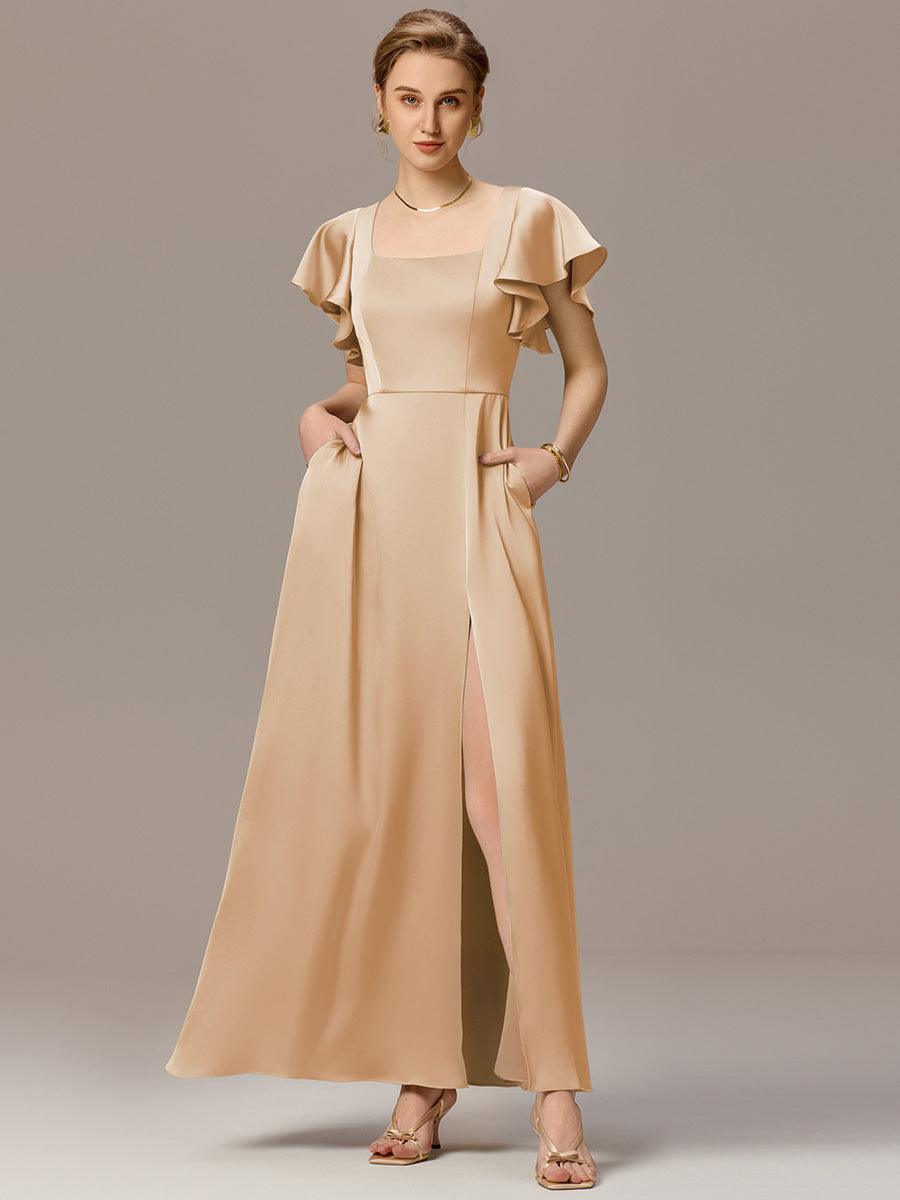 Robe de demoiselle d'honneur en satin à manches volantées et fentes sur le devant #Couleur_Charbon