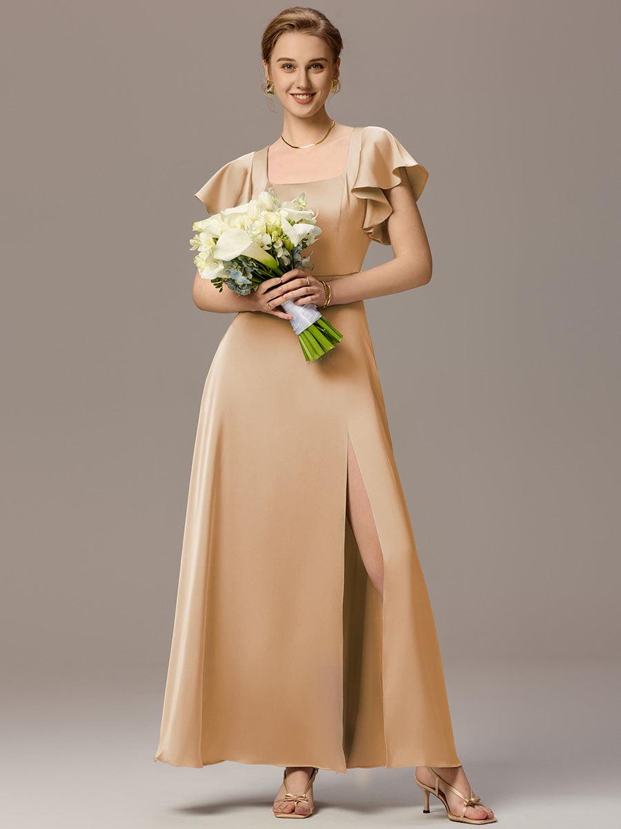 Robe de demoiselle d'honneur en satin à manches volantées et fentes sur le devant #Couleur_Charbon