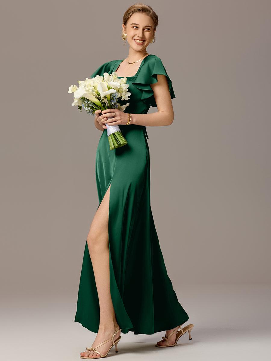 Robe de demoiselle d'honneur en satin à manches volantées et fentes sur le devant #Couleur_Vert Fonce
