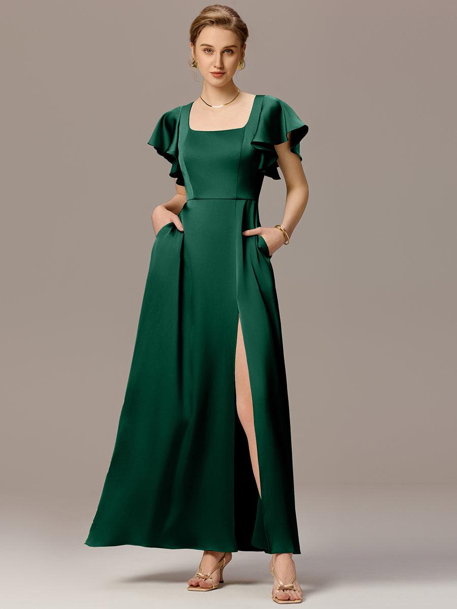Robe de demoiselle d'honneur en satin à manches volantées et fentes sur le devant #Couleur_Vert Fonce