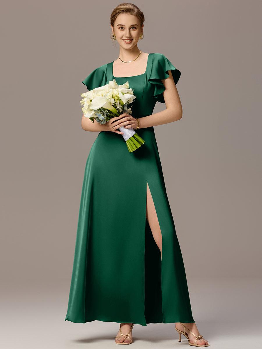 Robe de demoiselle d'honneur en satin à manches volantées et fentes sur le devant #Couleur_Vert Fonce