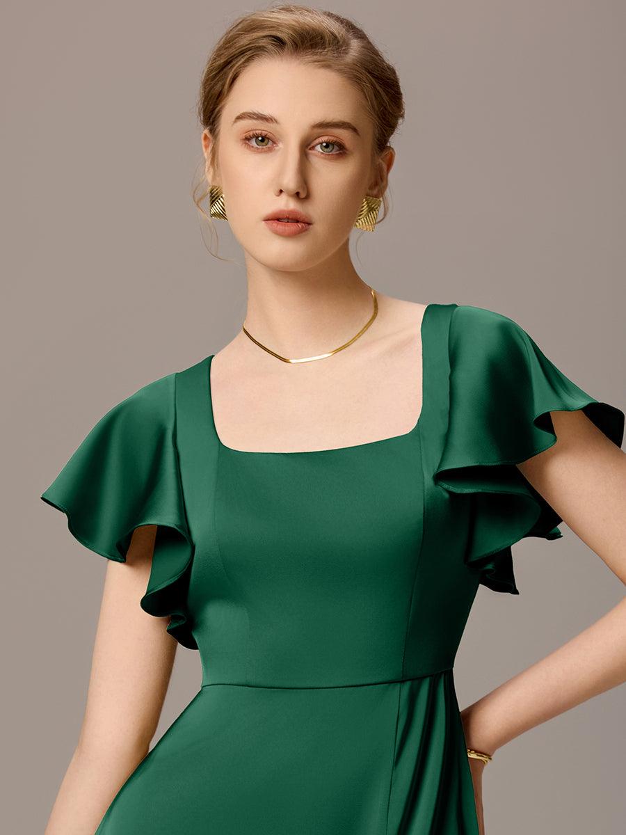 Robe de demoiselle d'honneur en satin à manches volantées et fentes sur le devant #Couleur_Vert Fonce