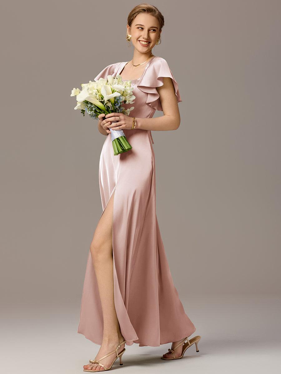 Robe de demoiselle d'honneur en satin à manches volantées et fentes sur le devant #Couleur_Rose