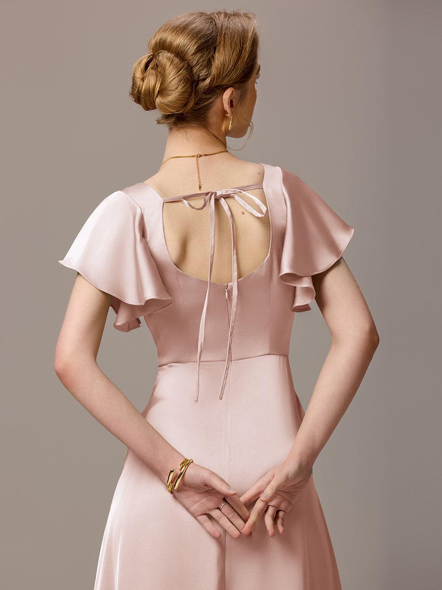 Robe de demoiselle d'honneur en satin à manches volantées et fentes sur le devant #Couleur_Rose