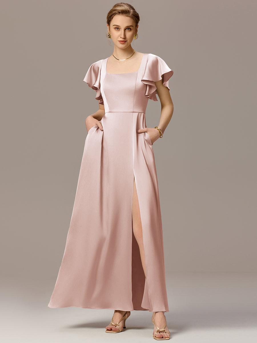 Robe de demoiselle d'honneur en satin à manches volantées et fentes sur le devant #Couleur_Rose