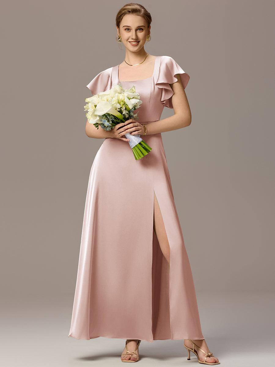Robe de demoiselle d'honneur en satin à manches volantées et fentes sur le devant #Couleur_Rose