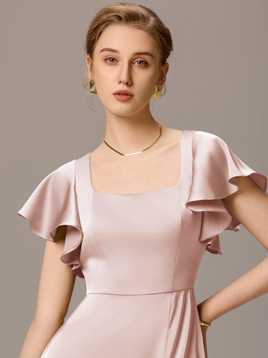Robe de demoiselle d'honneur en satin à manches volantées et fentes sur le devant #Couleur_Rose