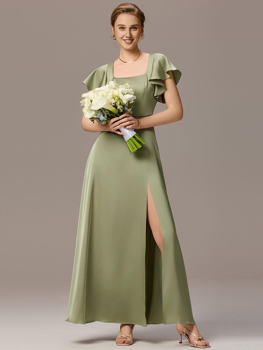 Robe de demoiselle d'honneur en satin à manches volantées et fentes sur le devant #Couleur_Vert sauge