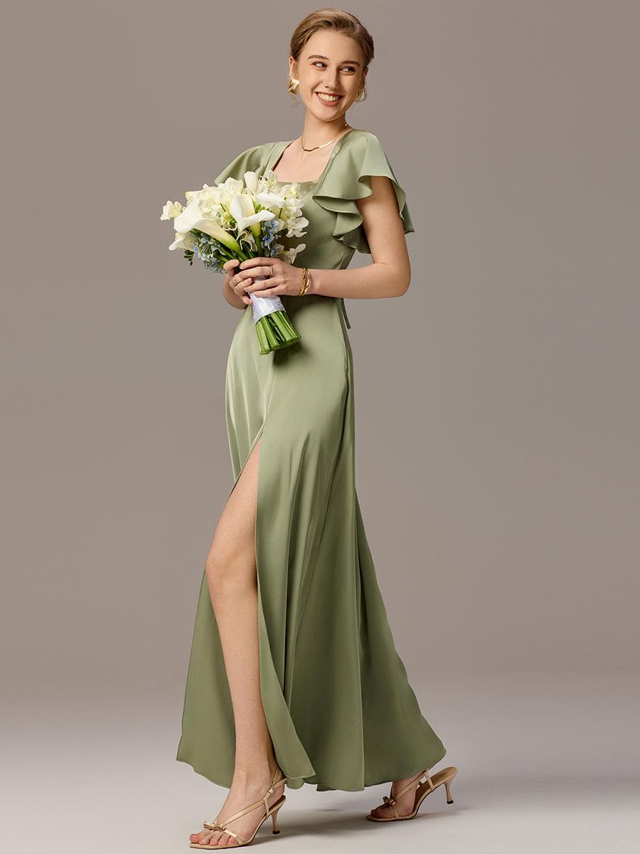 Robe de demoiselle d'honneur en satin à manches volantées et fentes sur le devant #Couleur_Vert sauge