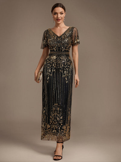 Robe de Cocktail Longue en Tulle à Paillettes et Perles