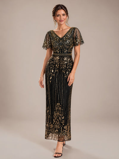 Robe de Cocktail Longue en Tulle à Paillettes et Perles