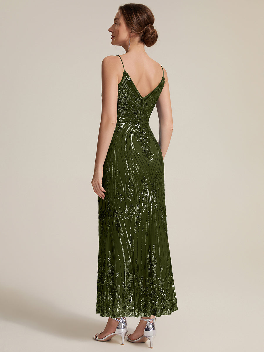 Sequins Col V Fourreau Sans manches Fermeture zippée au dos Doublé Sans coques Robe #Couleur_Vert Olive