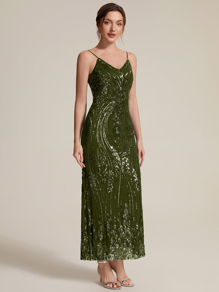 Sequins Col V Fourreau Sans manches Fermeture zippée au dos Doublé Sans coques Robe #Couleur_Vert Olive