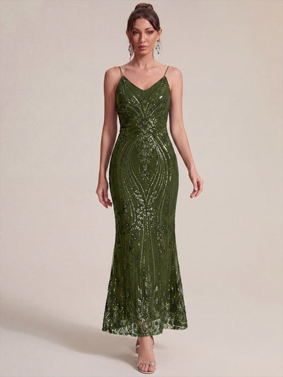 Robe fourreau à paillettes avec col V et fines bretelles
