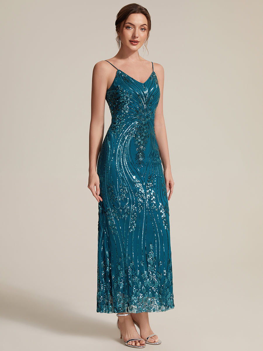 Sequins Col V Fourreau Sans manches Fermeture zippée au dos Doublé Sans coques Robe #Couleur_Bleu Sarcelle