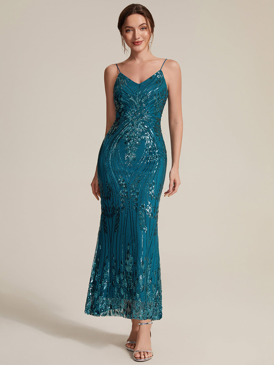 Sequins Col V Fourreau Sans manches Fermeture zippée au dos Doublé Sans coques Robe #Couleur_Bleu Sarcelle