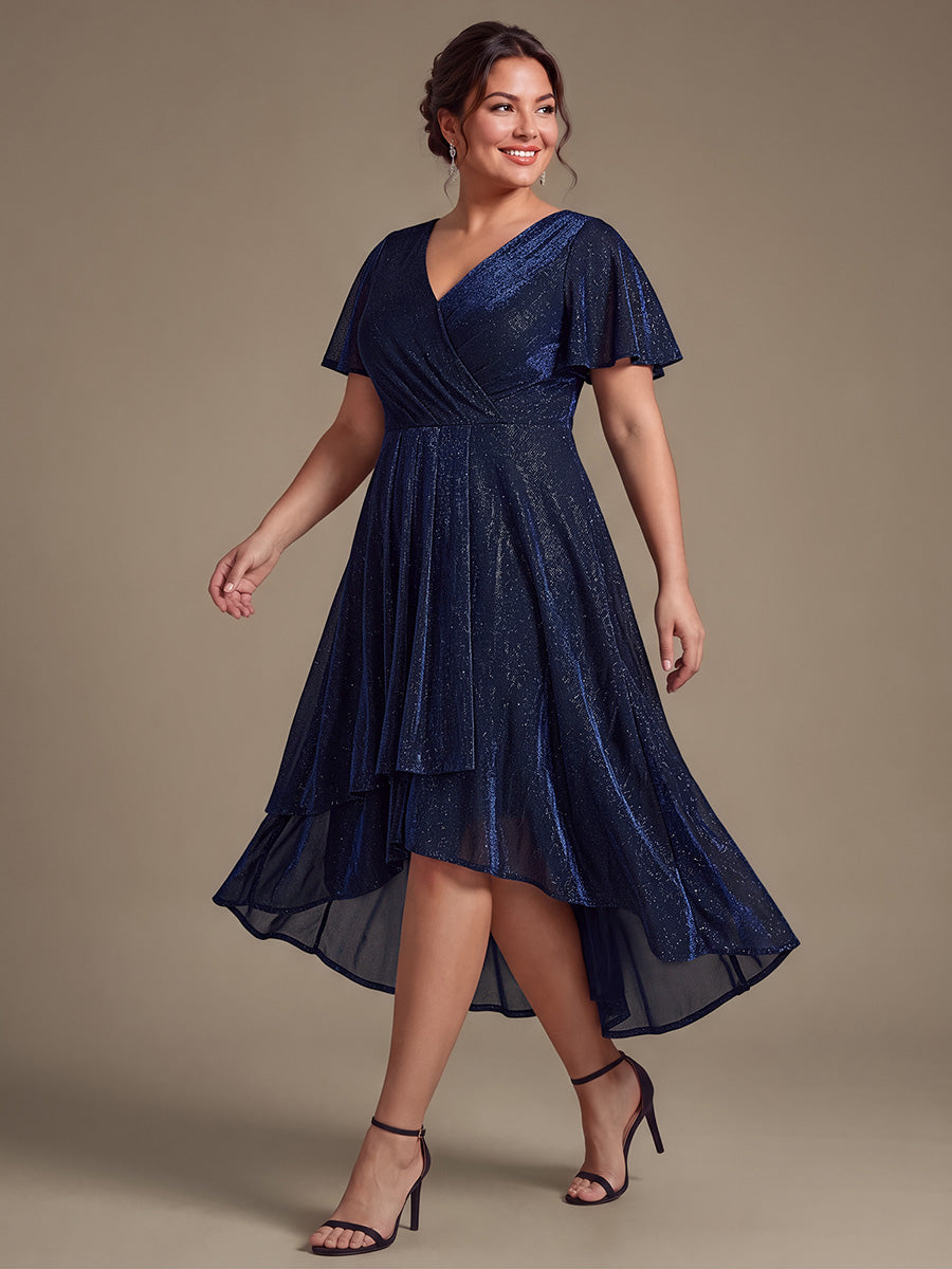 Robe A-Line fluide ¨¤ manches courtes avec ourlet asym¨¦trique et manches volantes et d¨¦collet¨¦ crois¨¦ #Couleur_Bleu Marine
