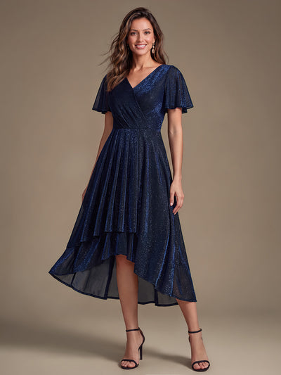 Robe longue en tulle lurex drapée coupe trapèze à manches volantées