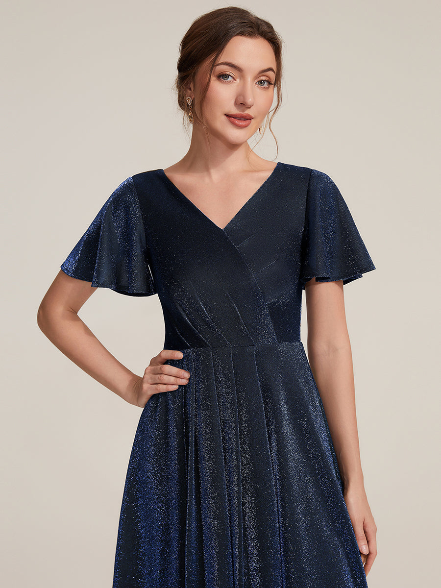 Robe A-Line fluide ¨¤ manches courtes avec ourlet asym¨¦trique et manches volantes et d¨¦collet¨¦ crois¨¦ #Couleur_Bleu Marine