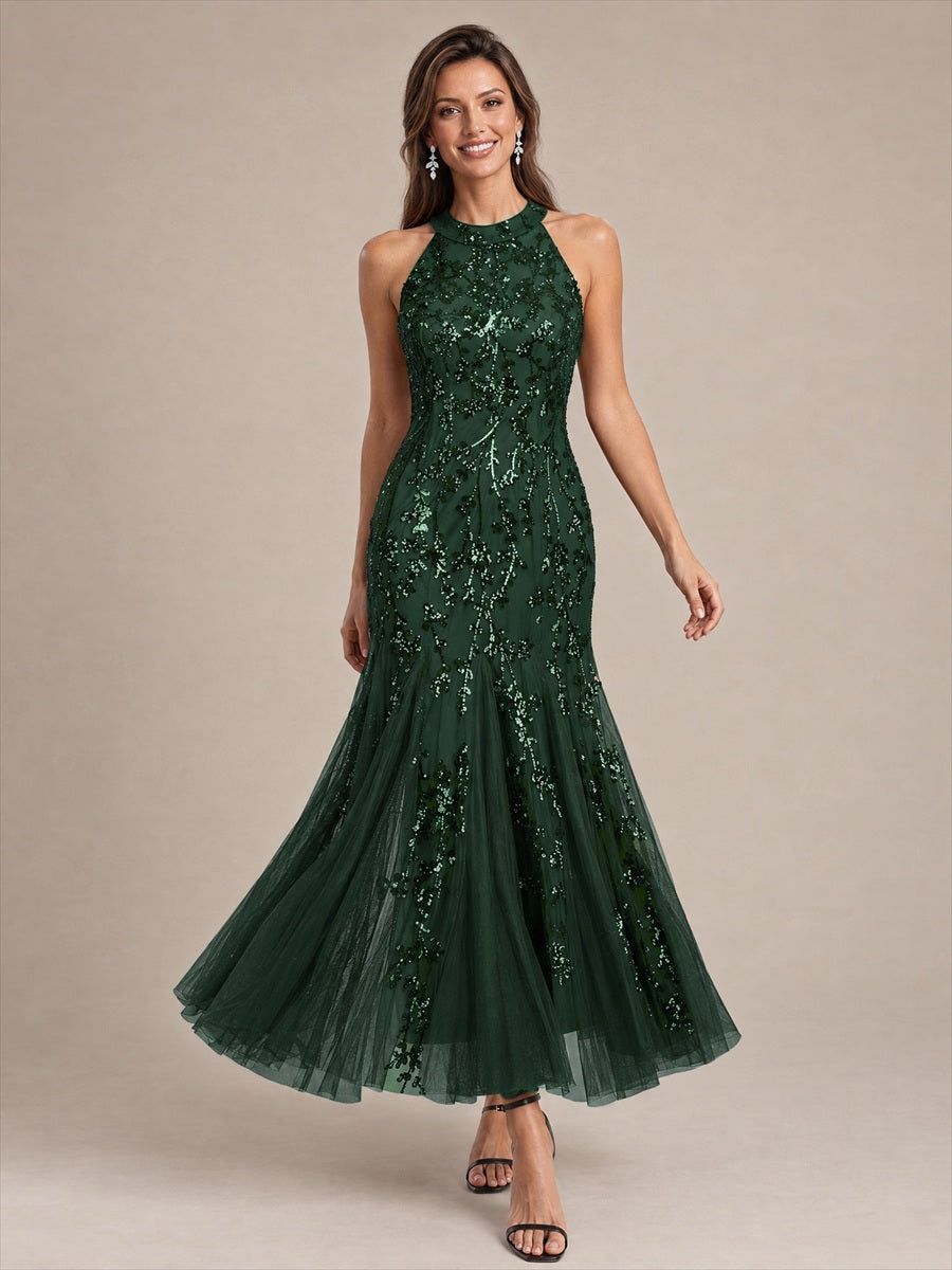 Robe bodycon sans manches en tulle avec corset et volants maxi longueur #Couleur_Vert forêt foncé