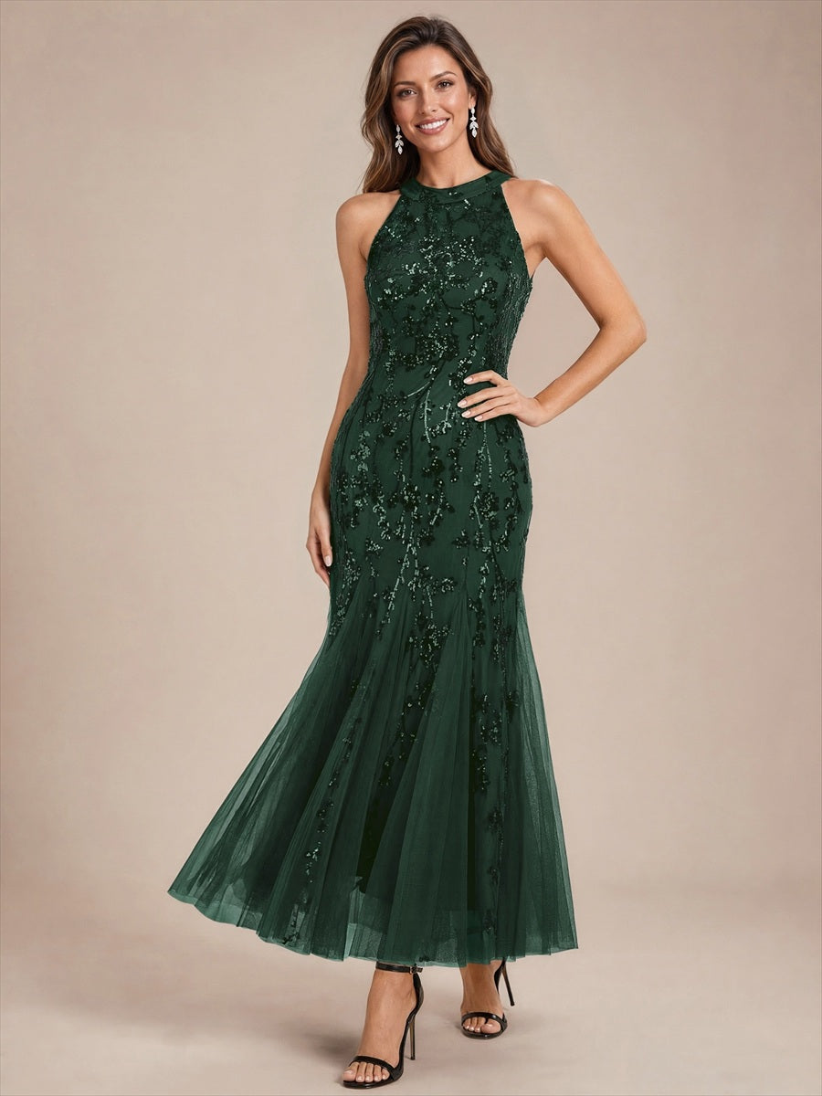Robe bodycon sans manches en tulle avec corset et volants maxi longueur #Couleur_Vert forêt foncé