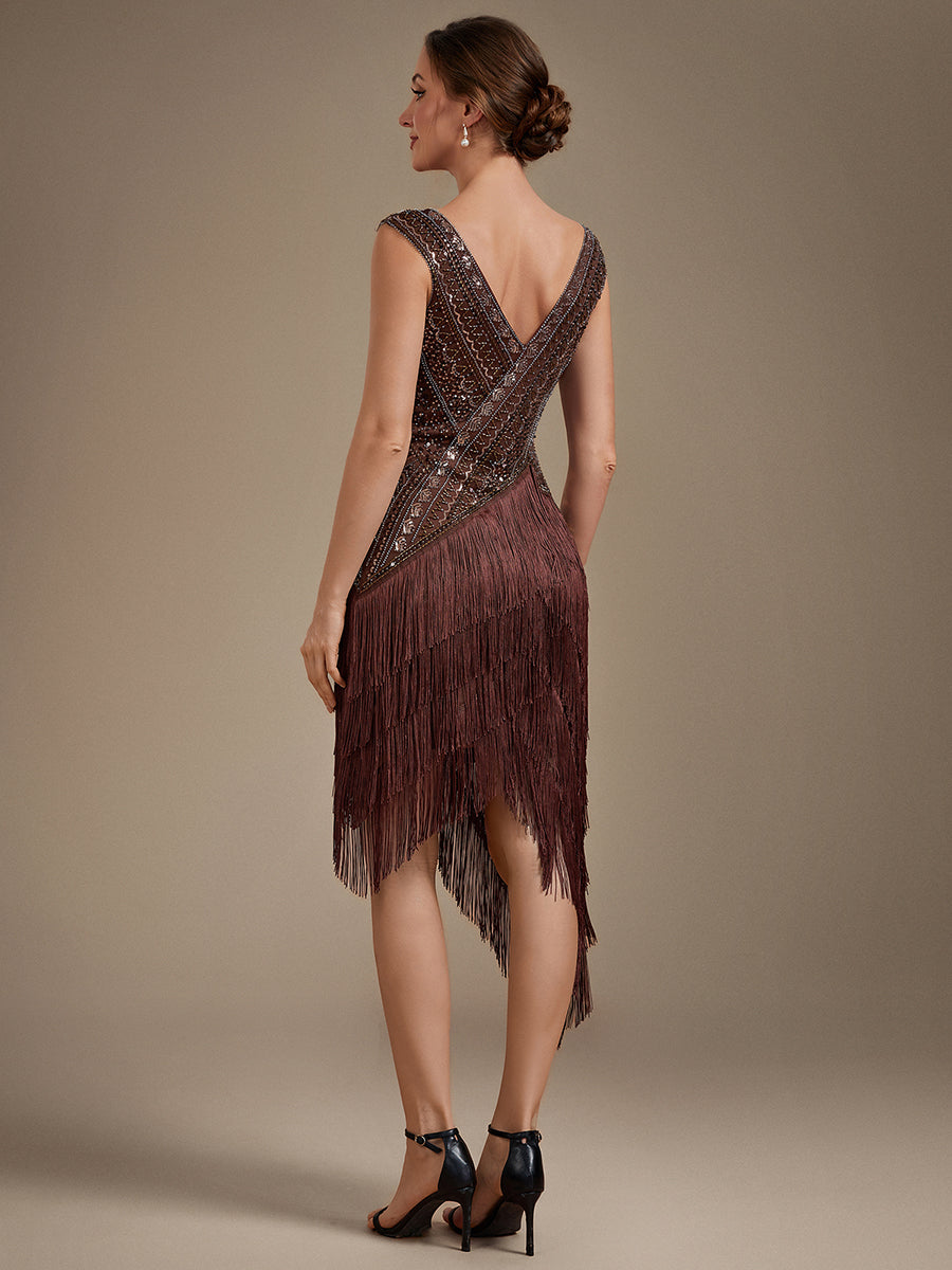 robe à manches courtes en sequins décolleté en V ourlet asymétrique longueur genou #Couleur_Brun