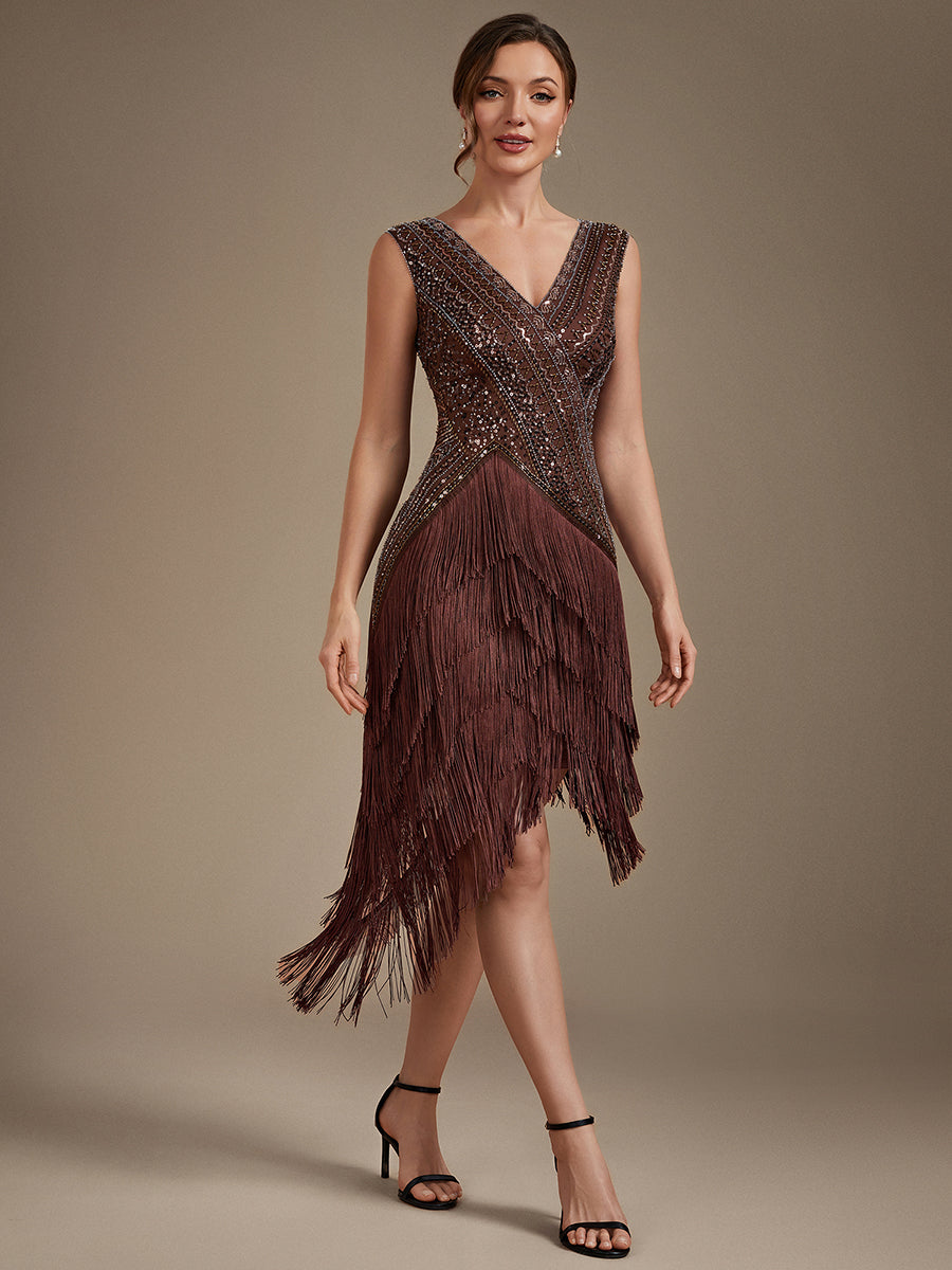 robe à manches courtes en sequins décolleté en V ourlet asymétrique longueur genou #Couleur_Brun