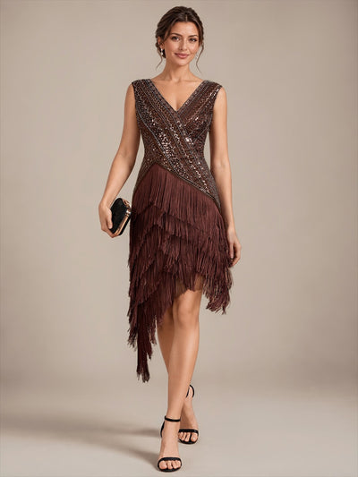 Robe de cocktail glamour en tulle à décolleté V, sequins et perles