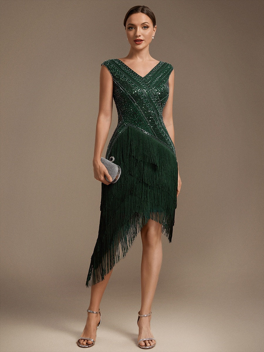 robe à manches courtes en sequins décolleté en V ourlet asymétrique longueur genou #Couleur_Vert Fonce