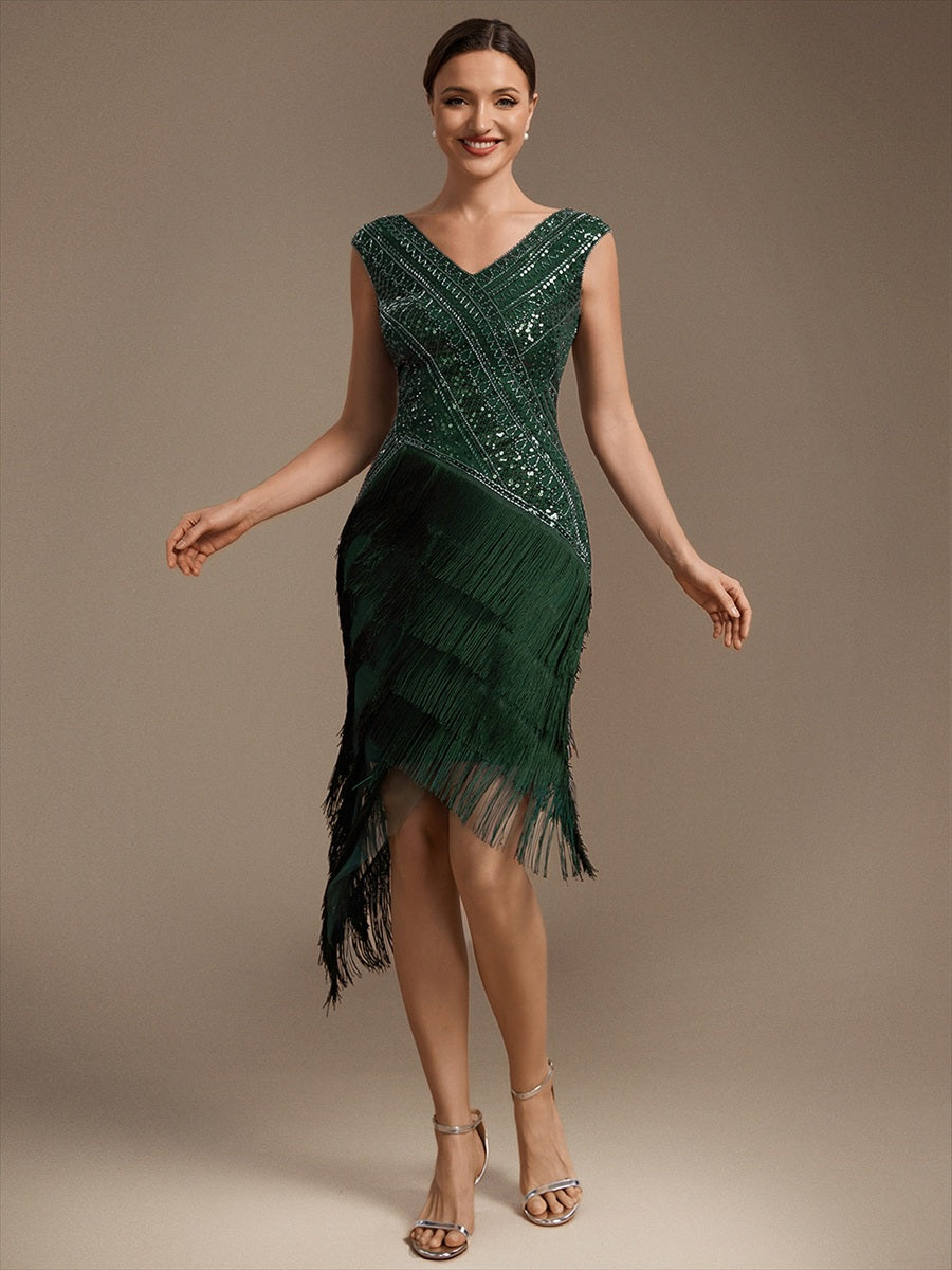 robe à manches courtes en sequins décolleté en V ourlet asymétrique longueur genou #Couleur_Vert Fonce