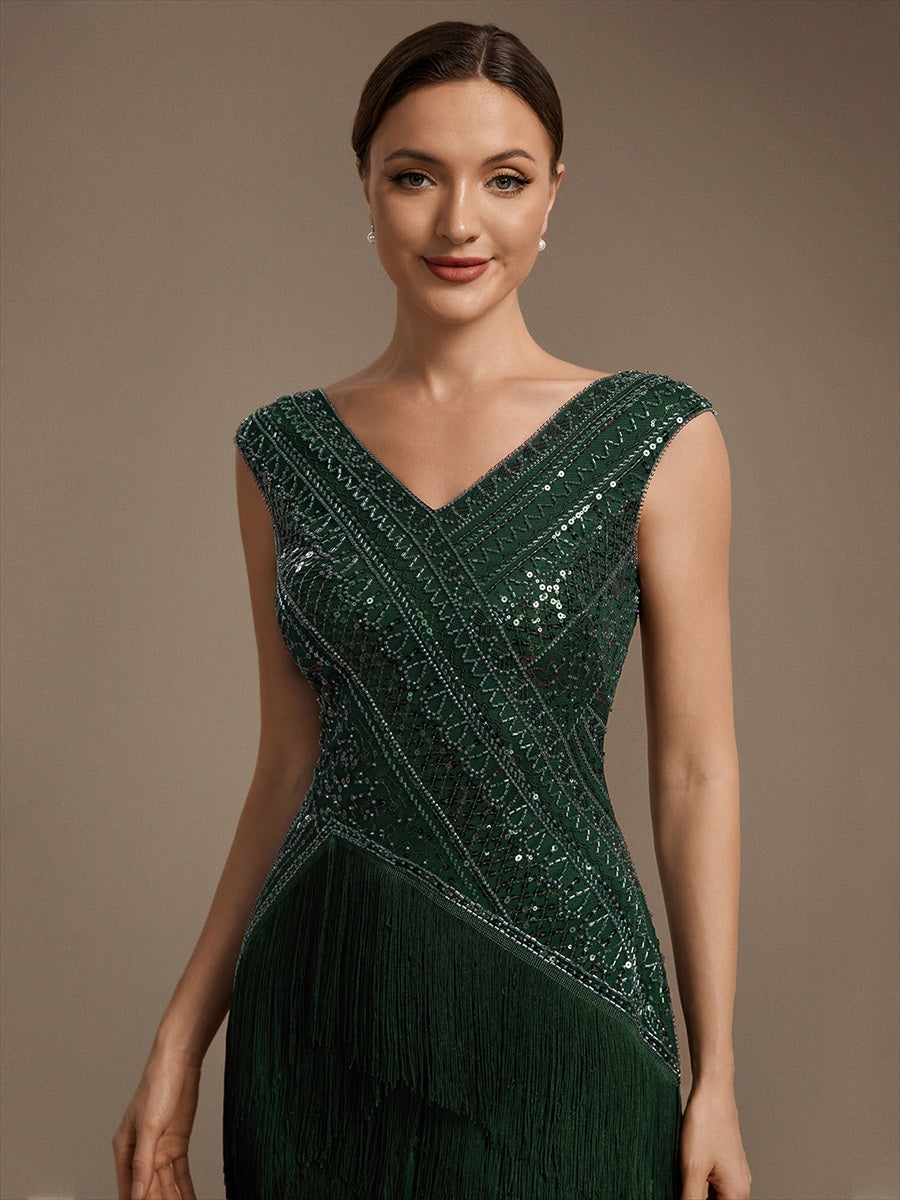 robe à manches courtes en sequins décolleté en V ourlet asymétrique longueur genou #Couleur_Vert Fonce